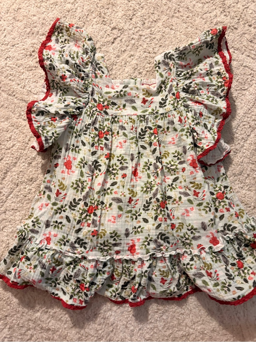 cheeky plum White Floral Ruffle Top with Red Trim